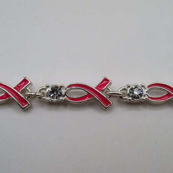 Avon Pink Ribbon Breast Cancer Awareness Silver Tone Rhinestone Tennis Bracelet - Picture 5 of 9